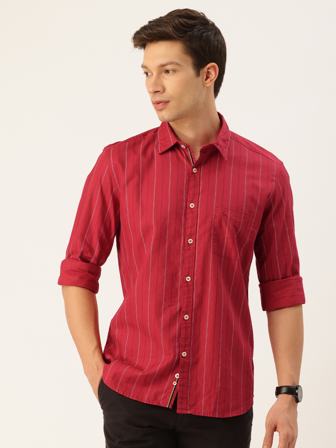 

Parx Slim Fit Striped Pure Cotton Casual Shirt, Red