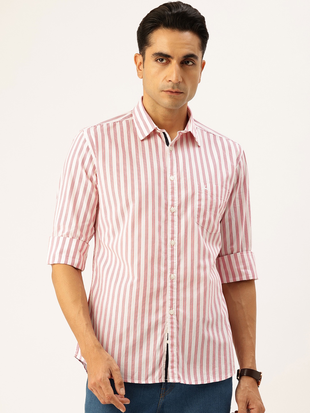 

Parx Pure Cotton Slim Fit Striped Casual Shirt, Red