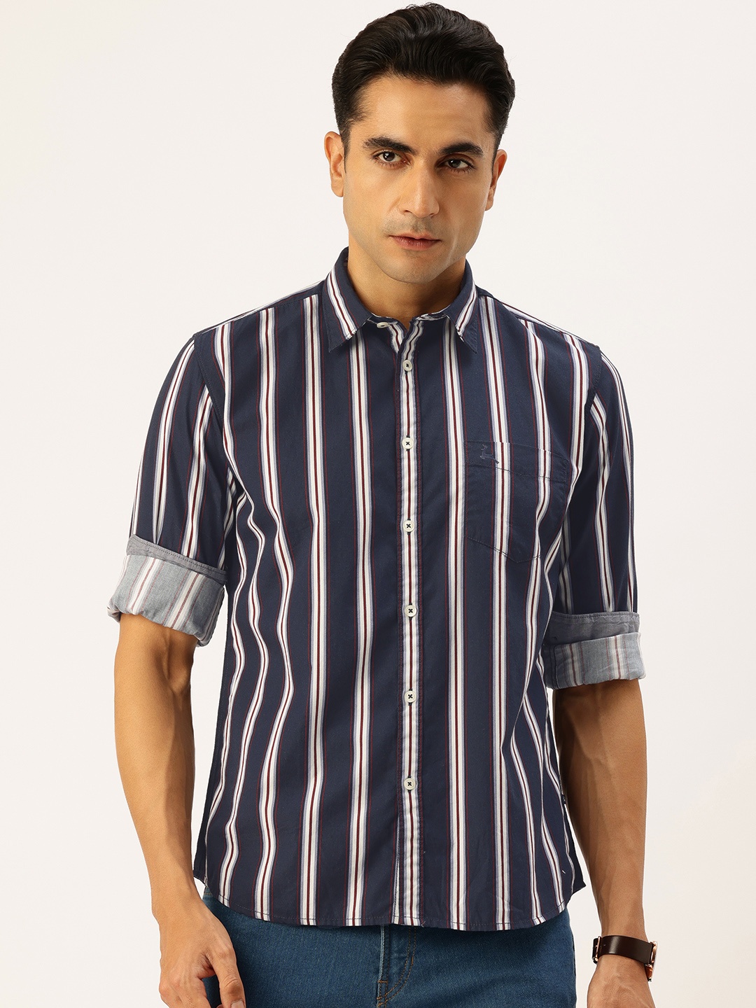 

Parx Pure Cotton Slim Fit Opaque Striped Casual Shirt, Navy blue