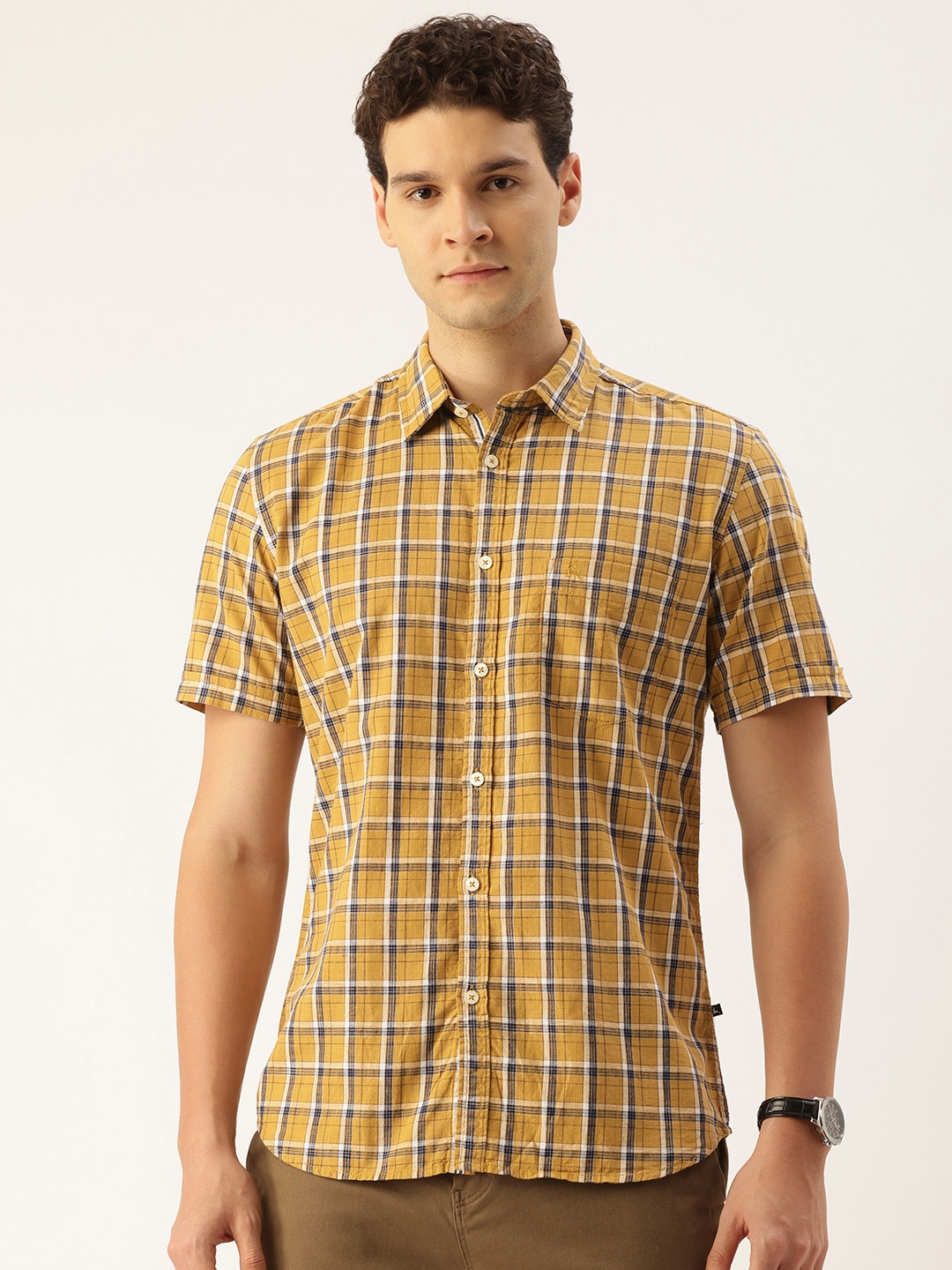 

Parx Pure Cotton Slim Fit Checked Casual Shirt, Mustard