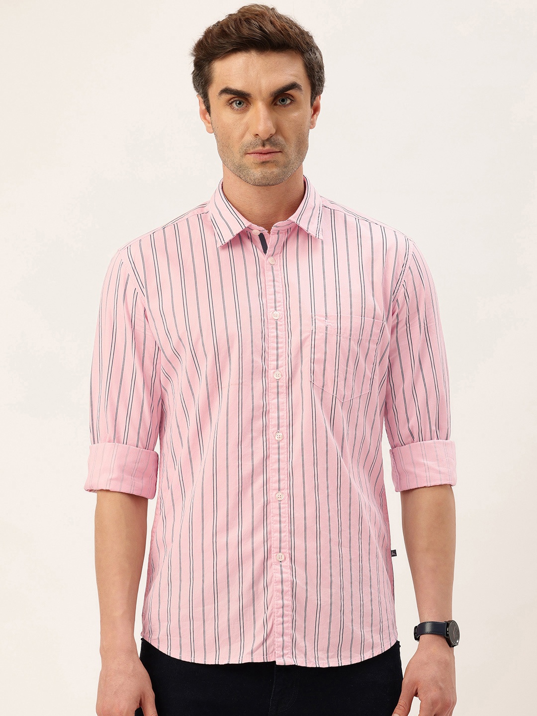 

Parx Pure Cotton Slim Fit Striped Casual Shirt, Pink