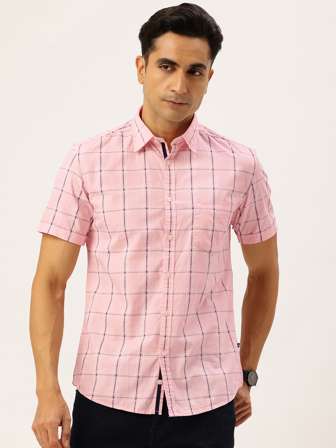 

Parx Slim Fit Checked Pure Cotton Casual Shirt, Pink