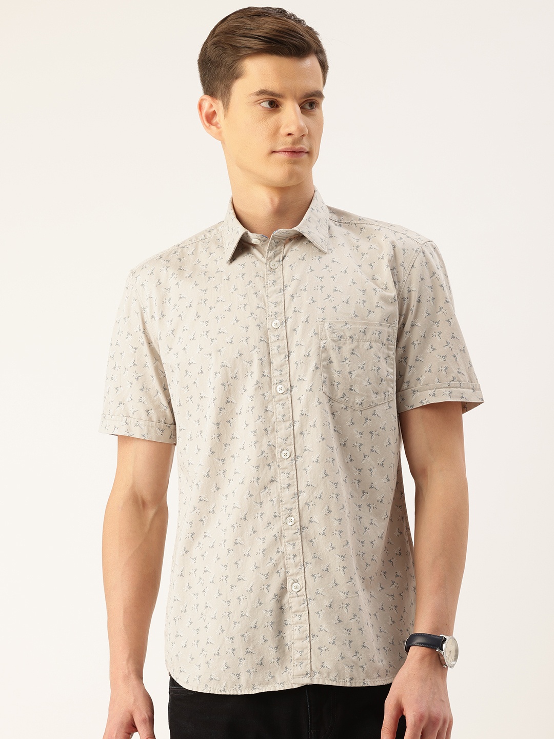 

Parx Pure Cotton Slim Fit Tropical Printed Casual Shirt, Grey