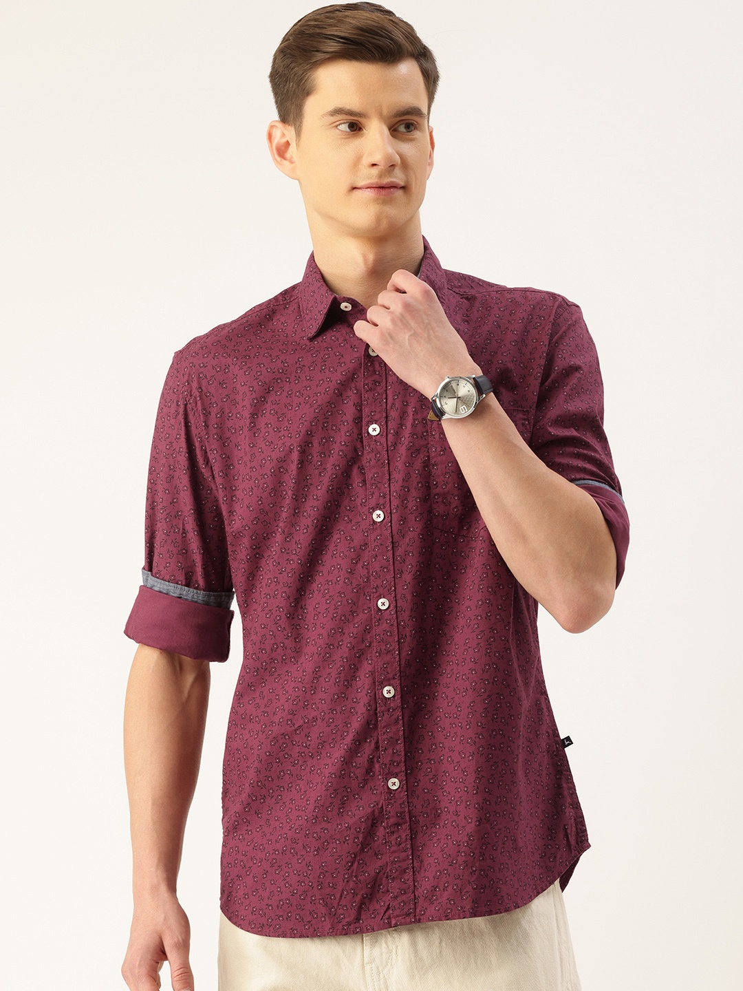 

Parx Pure Cotton Slim Fit Floral Printed Casual Shirt, Maroon