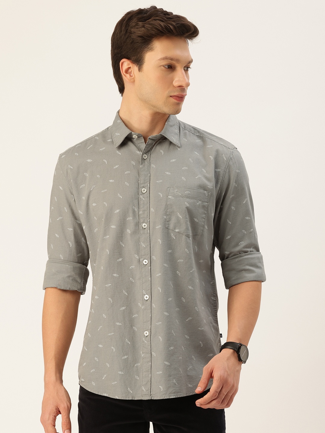 

Parx Slim Fit Tropical Printed Pure Cotton Casual Shirt, Grey