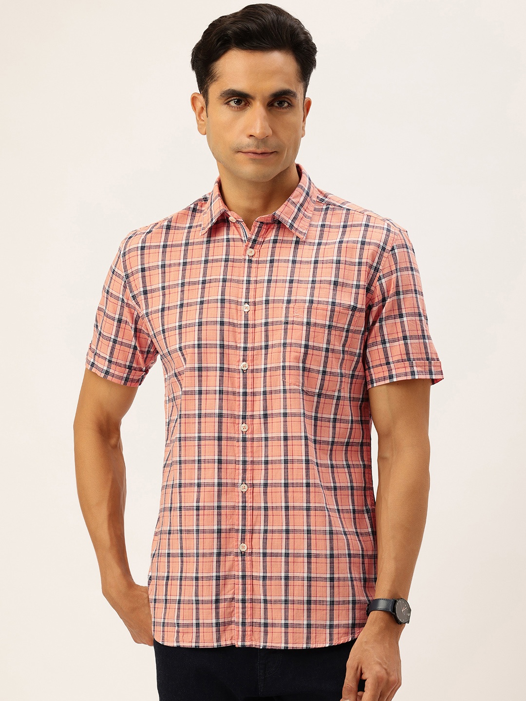 

Parx Slim Fit Checked Pure Cotton Casual Shirt, Peach