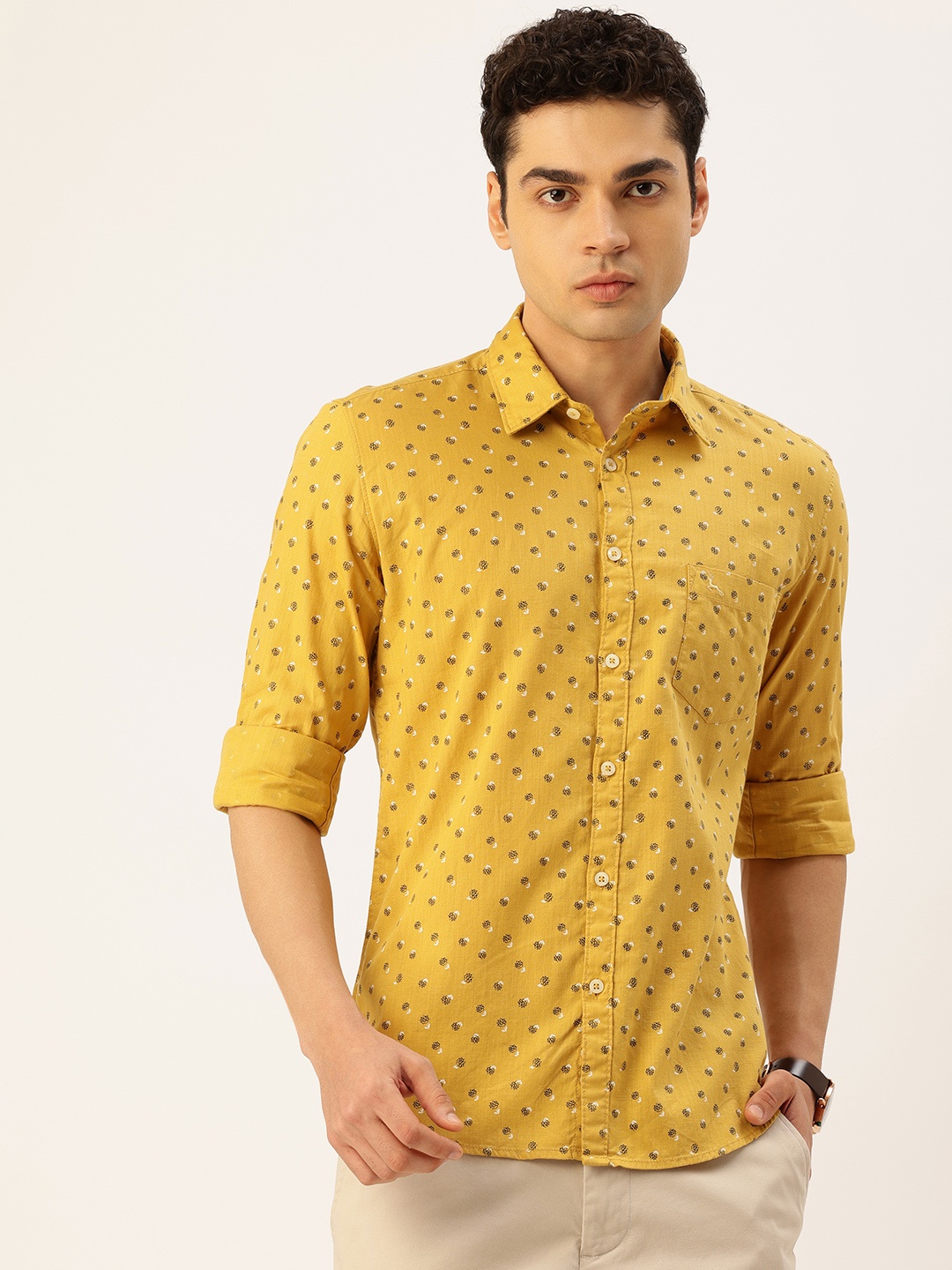 

Parx Slim Fit Floral Printed Pure Cotton Casual Shirt, Mustard