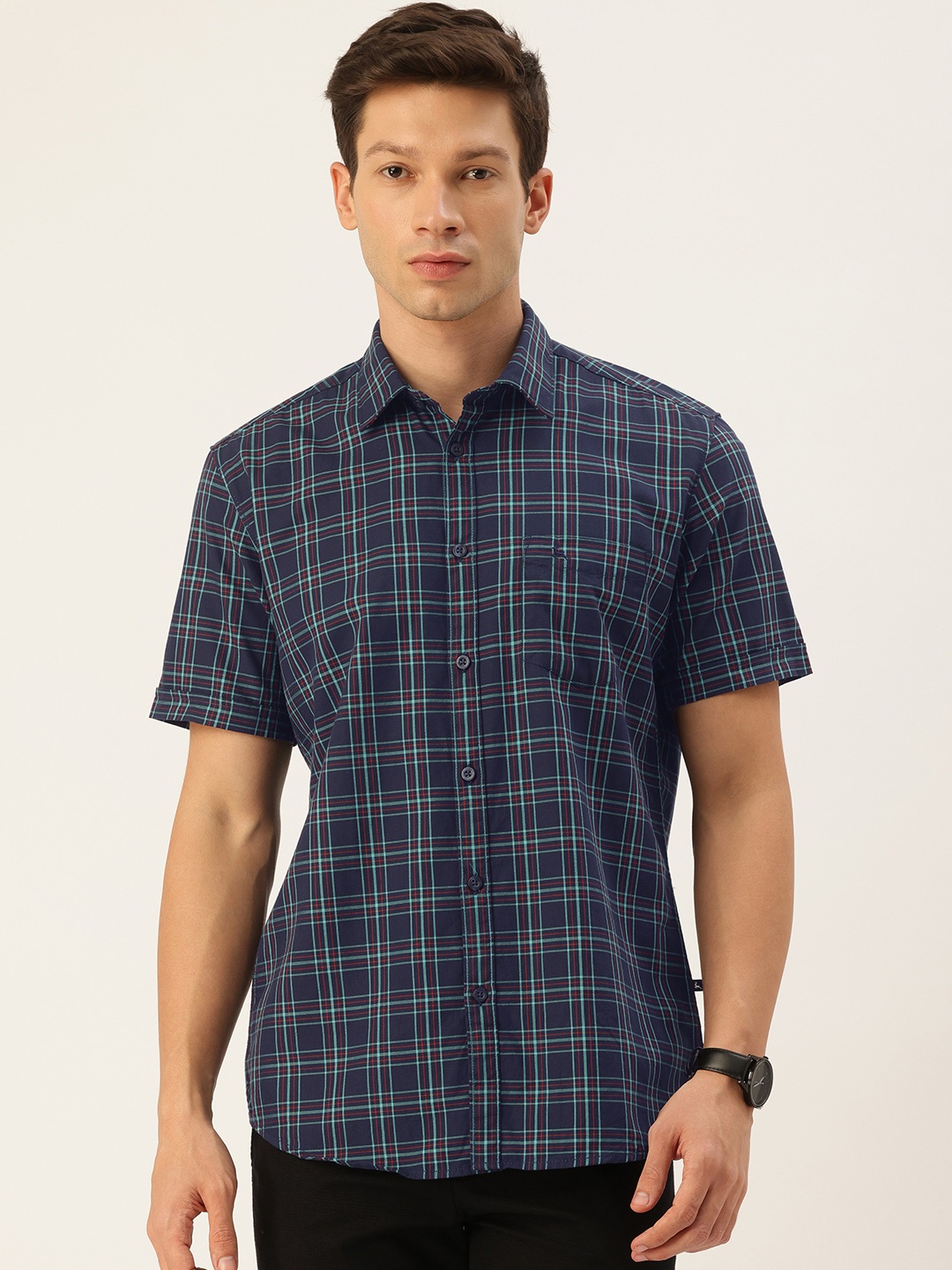 

Parx Pure Cotton Slim Fit Tartan Checked Casual Shirt, Navy blue