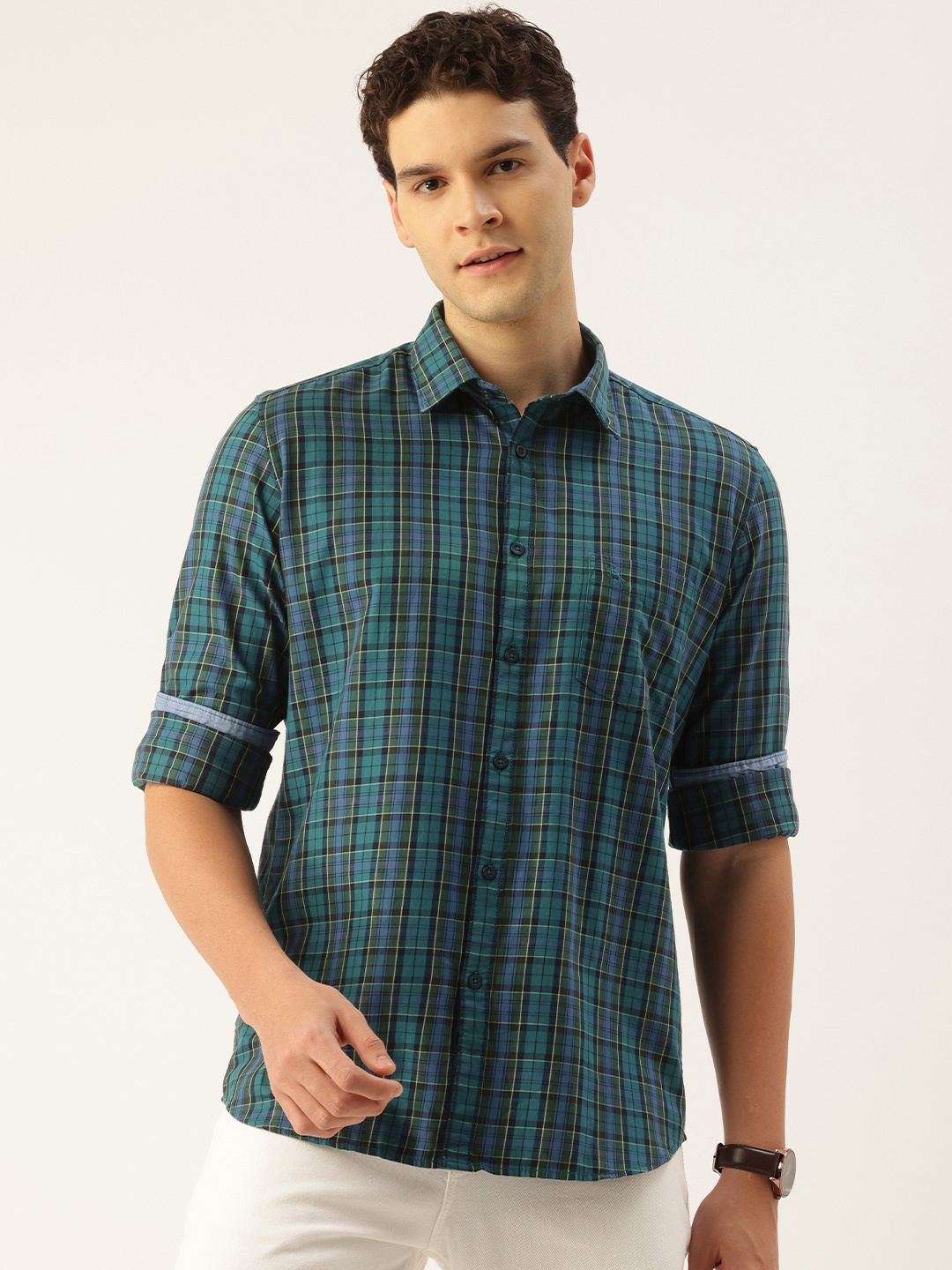 

Parx Pure Cotton Slim Fit Checked Casual Shirt, Blue