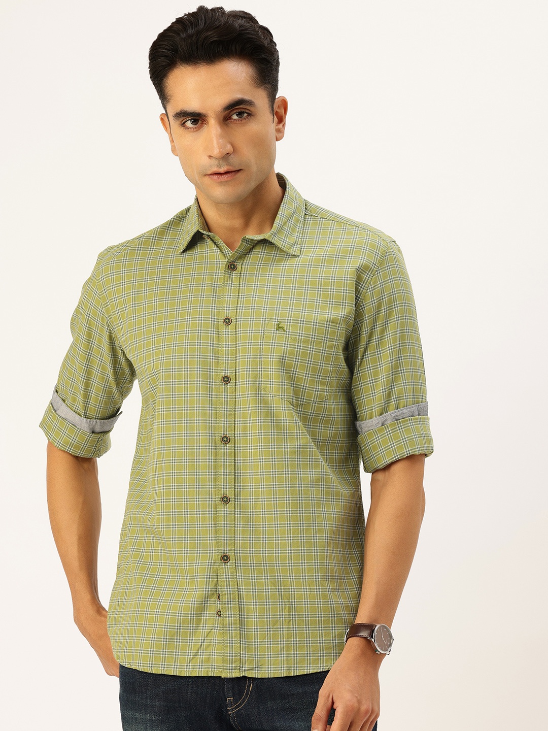 

Parx Pure Cotton Slim Fit Tartan Checks Opaque Casual Shirt, Green