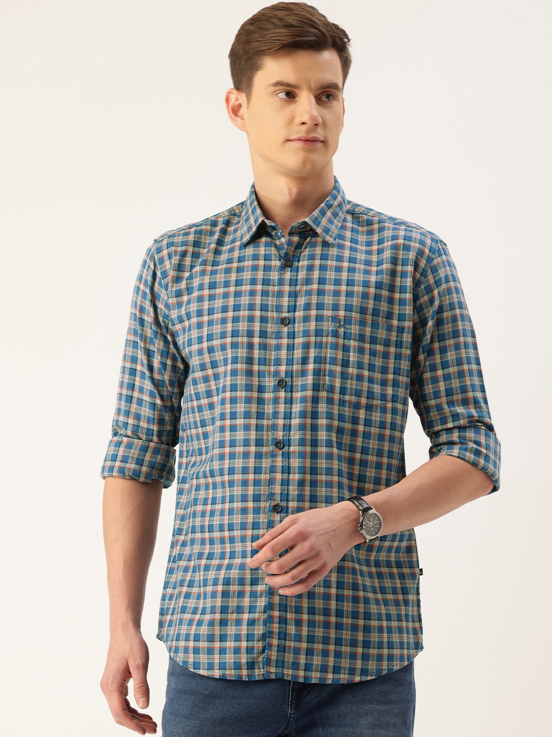 

Parx Pure Cotton Slim Fit Checked Casual Shirt, Blue