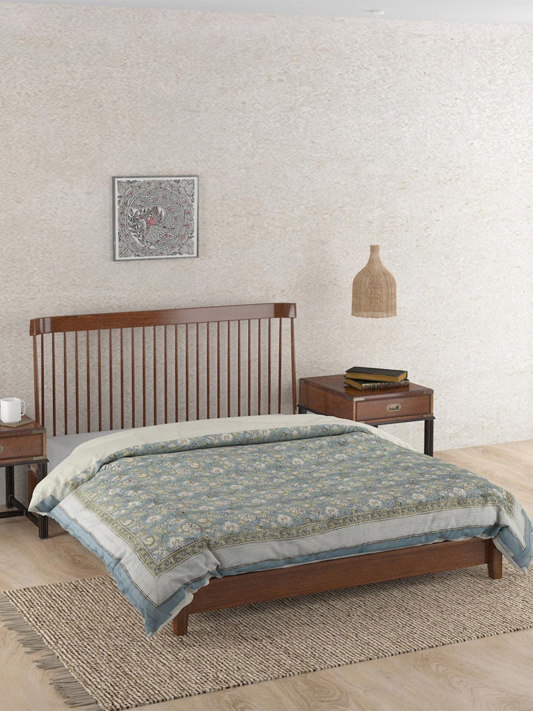 

Fabindia Blue & White Ethnic Motifs Printed 352 GSM Cotton Single Bed Quilt