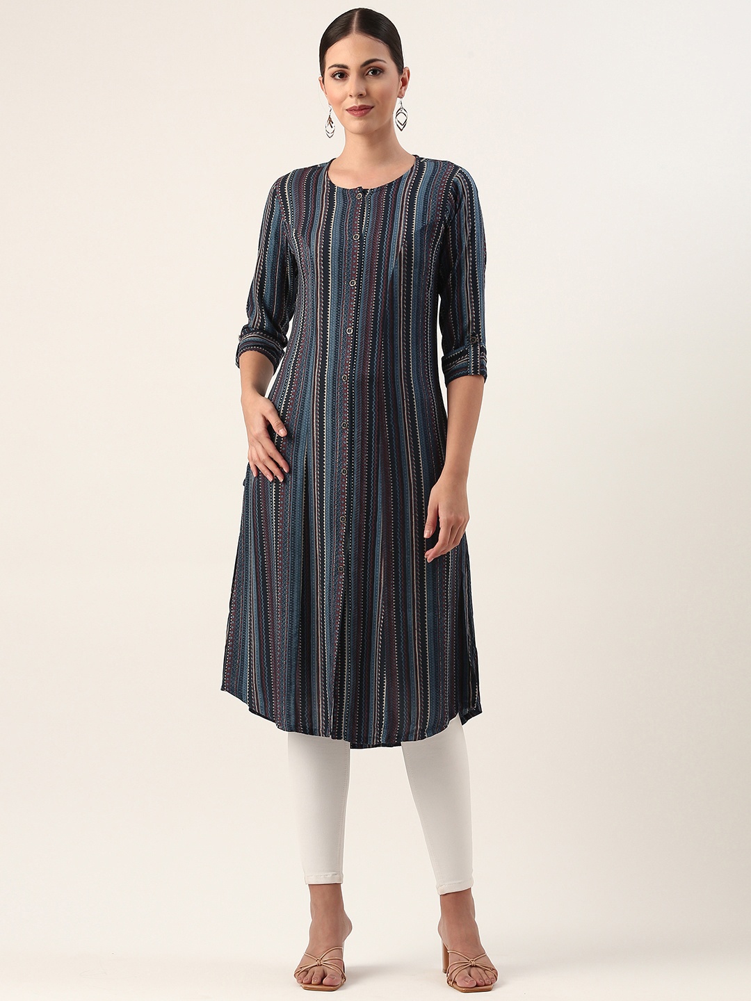 

AMUKTI Striped A-Liine Kurta, Blue