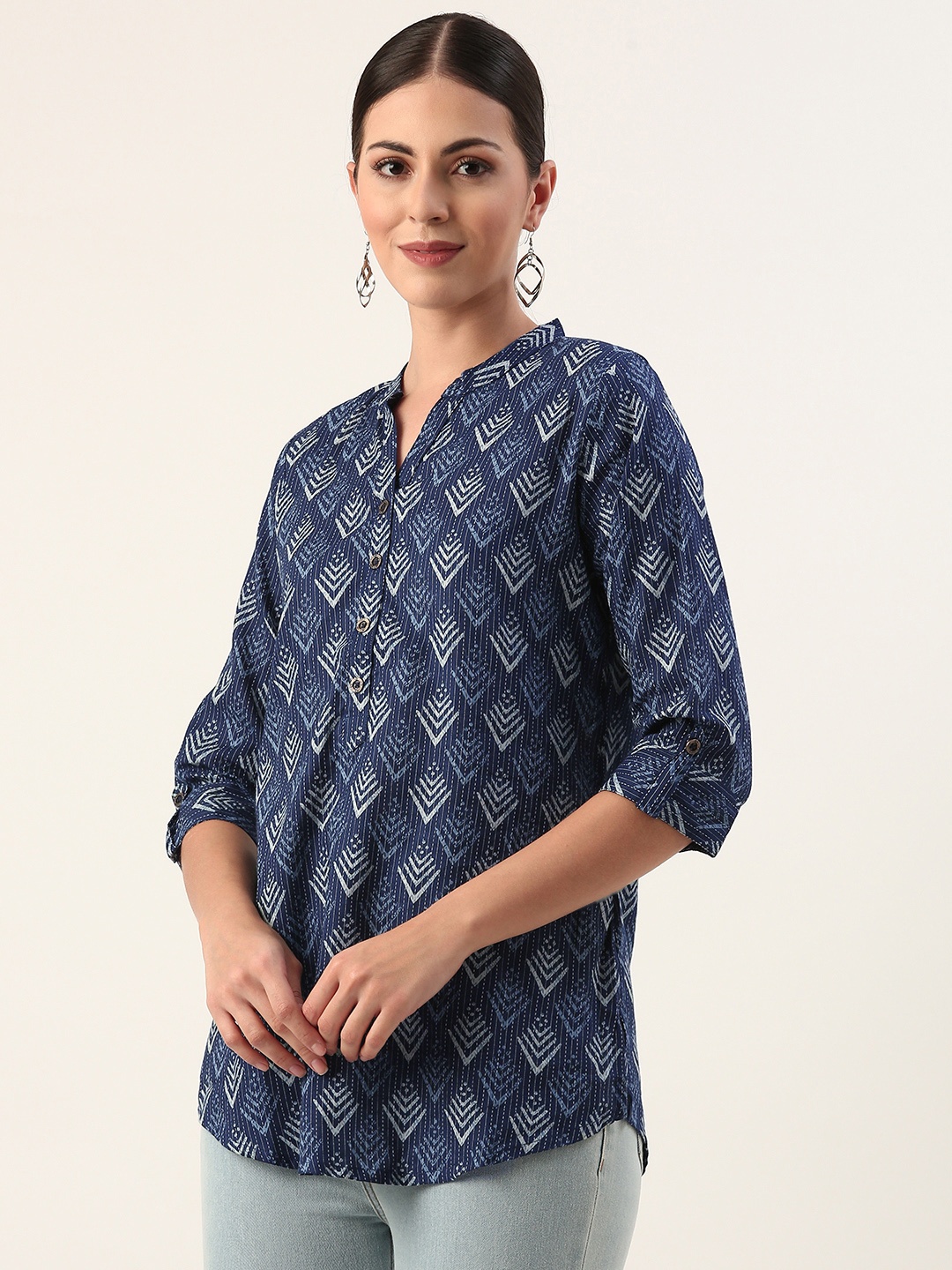 

AMUKTI Mandarin Collar Striped Ethnic Motifs Cotton Tunic, Blue