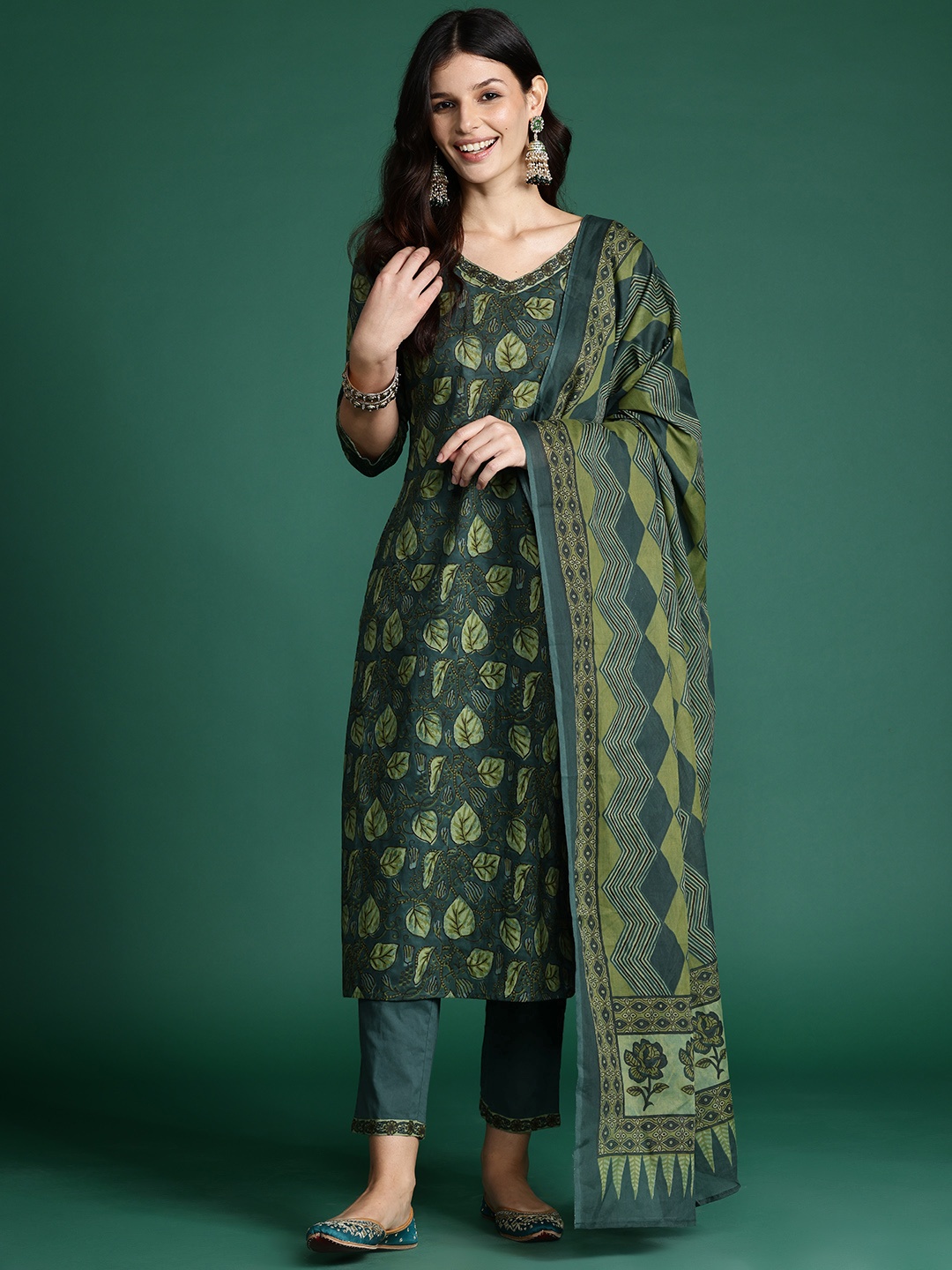 

Indo Era Floral Printed Pure Cotton Kurta with Trousers & Dupatta, Green