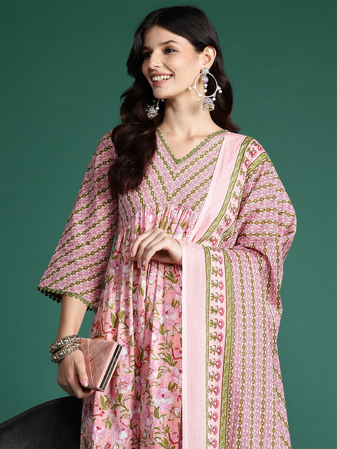 

Indo Era Floral Printed Empire Pure Cotton Kurta with Trousers & Dupatta, Pink