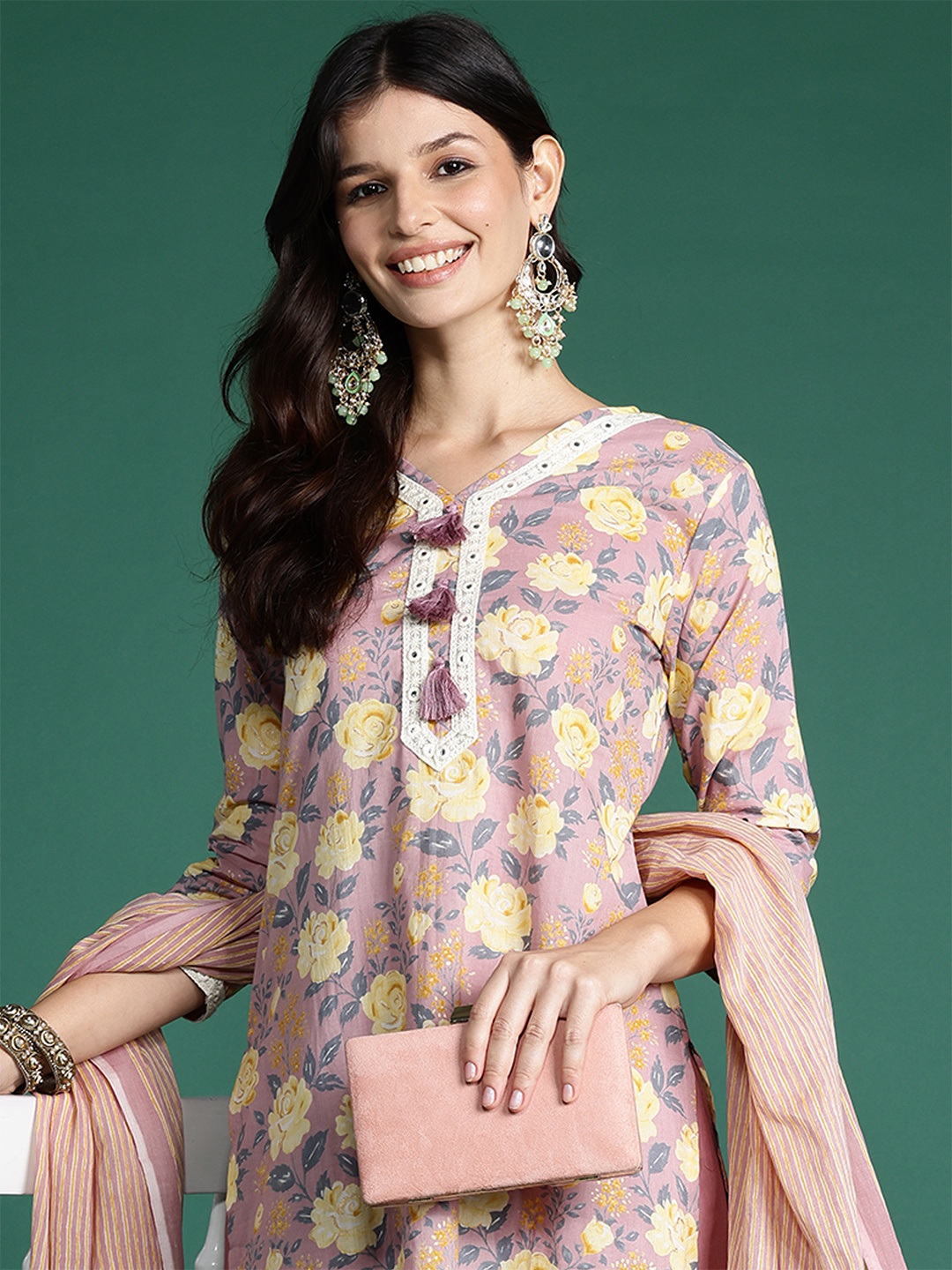 

Indo Era Women Floral Printed Thread Work Pure Cotton Kurta With Trousers & Dupatta, Mauve