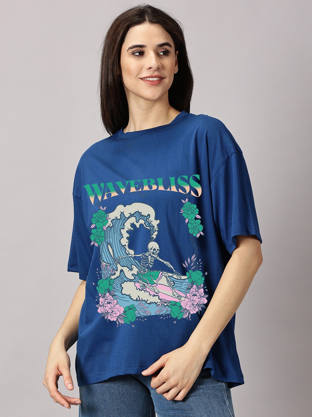 

THE HOLLANDER Women Graphic Printed Round Neck Cotton Oversized T-shirt, Blue