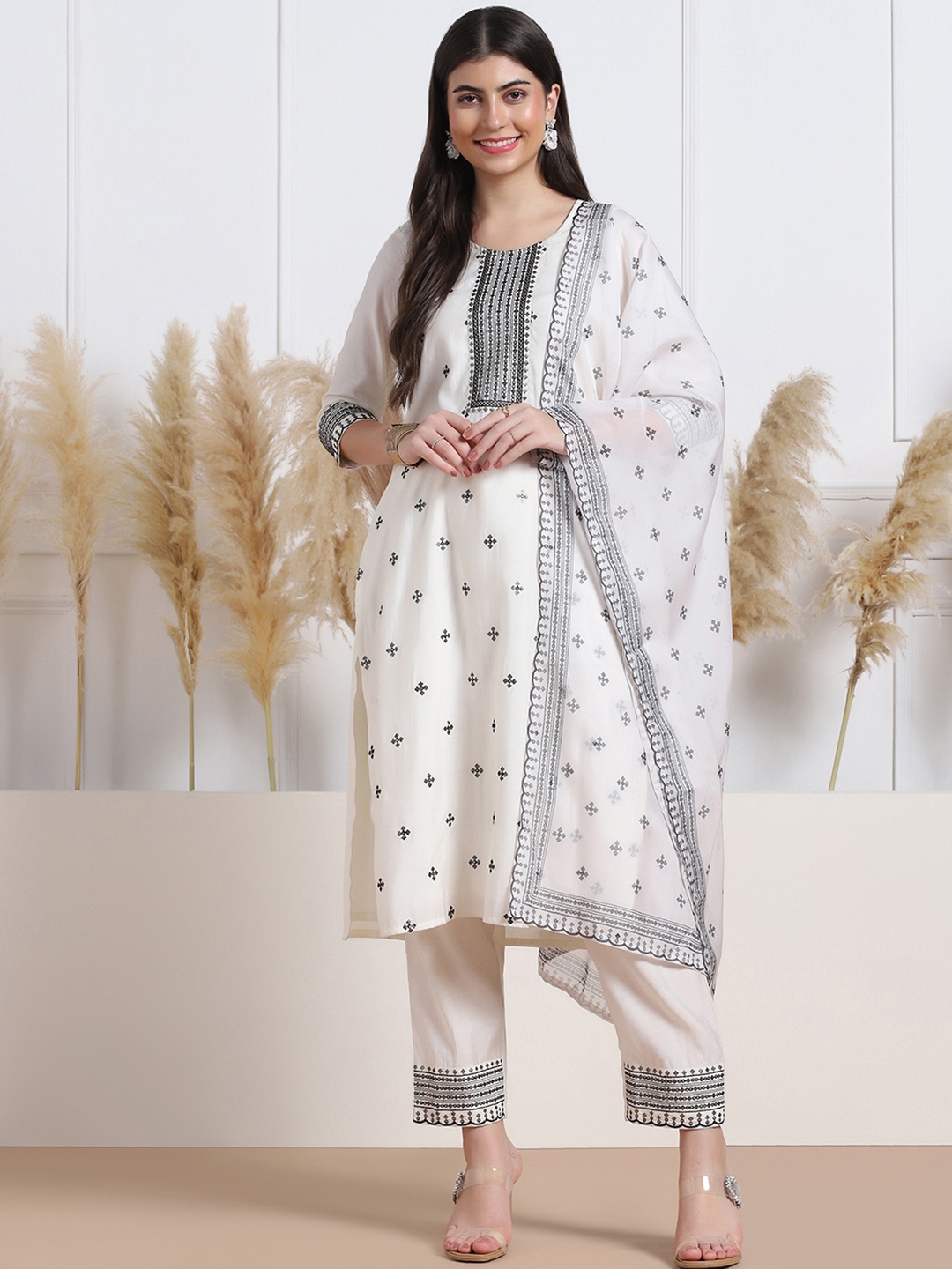 

FASHION DREAM Floral Embroidered Straight Kurta with Trousers & Dupatta, White