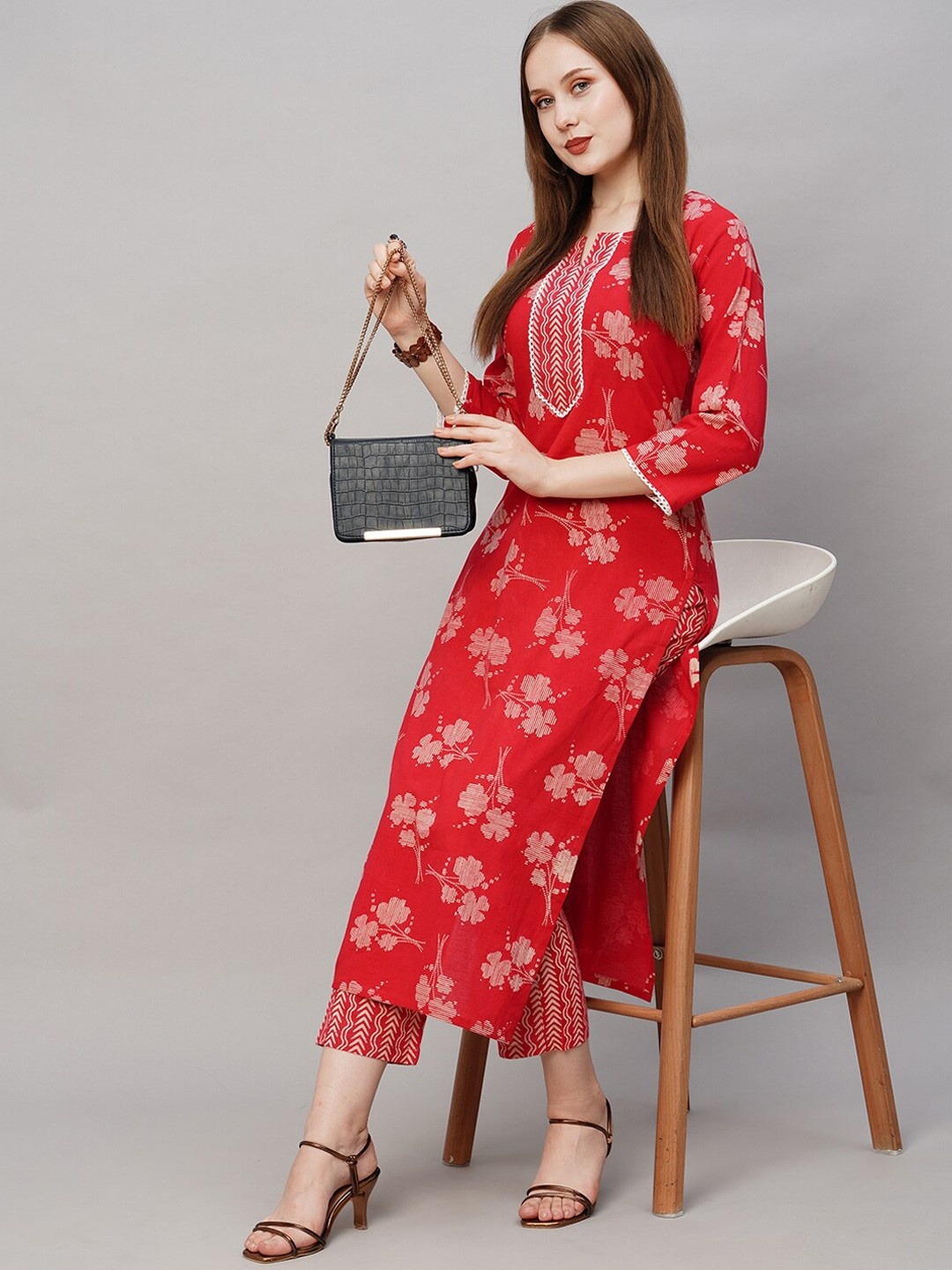 

Anni Designer Floral Self Design Straight Top with Trouser Co-Ords, Red