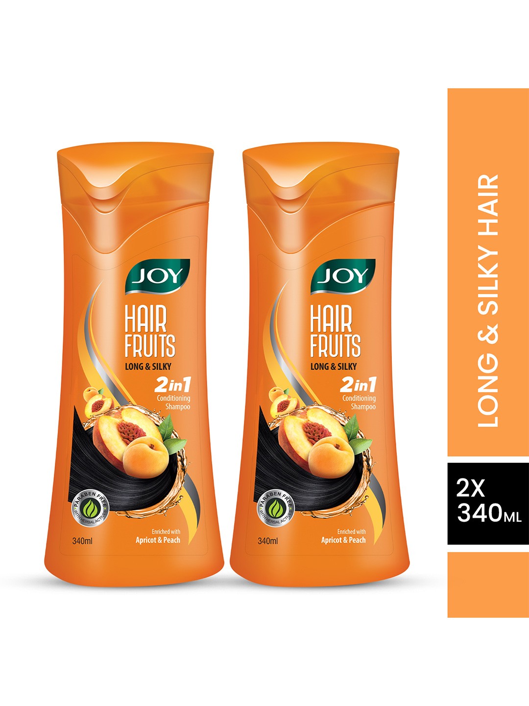 

JOY 2Pcs Hair Fruits Long & Silky Conditioning Shampoo with Apricot & Peach - 340ml each, Orange