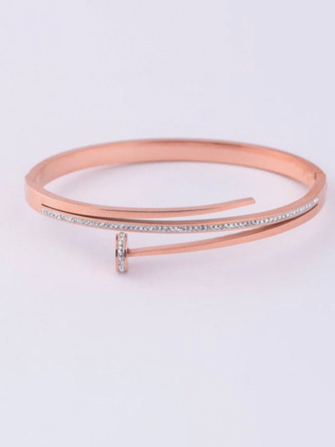 

V FASHION JEWELLERY Stainless Steel Cubic Zirconia Studded Rose Gold-Plated Kada Bracelet