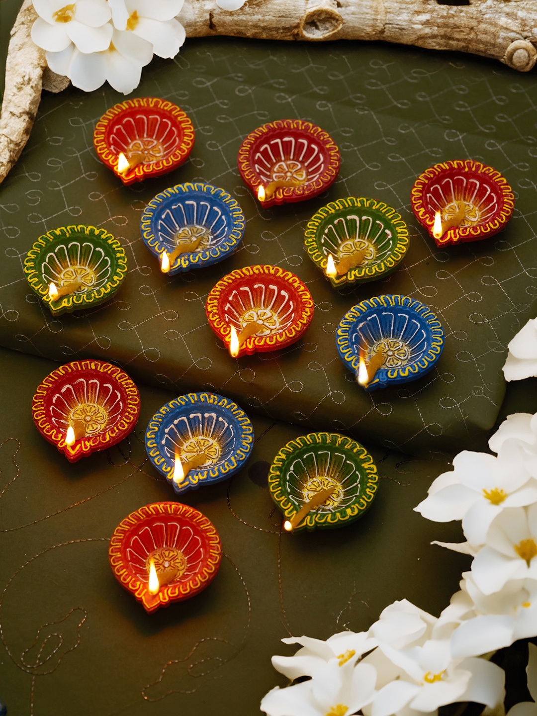 

TIED RIBBONS Blue and Red 12 Decorative Oil Filled Diya