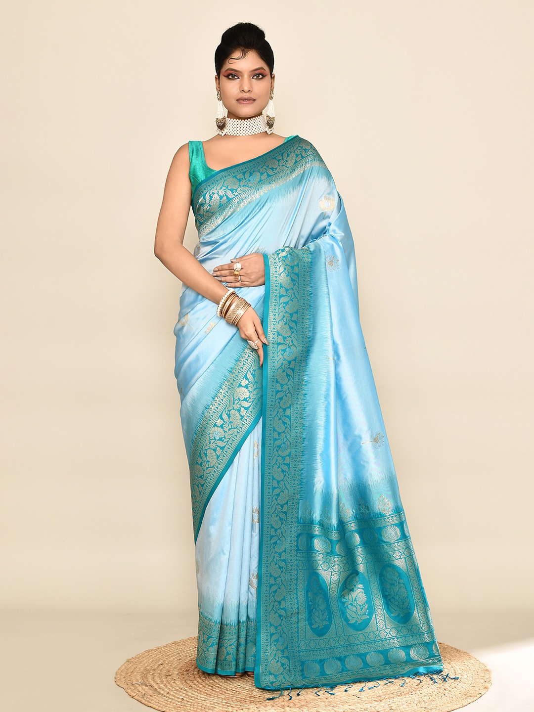 

elora Woven Design Traditional Banarasi Saree With Zari, Turquoise blue