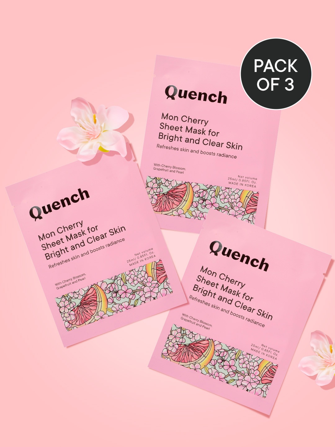 

Quench 3-Pcs Mon Cherry Sheet Mask for Bright Clear Skin With Pearl Extracts - 25ml Each, Pink