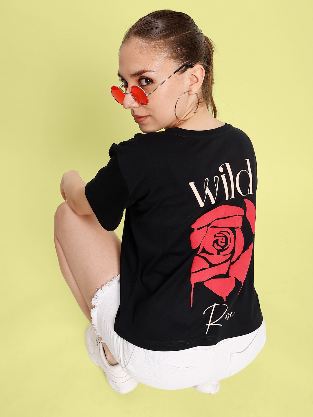 

Bene Kleed Women Graphic Printed Round Neck Cotton Boxy T-shirt, Black