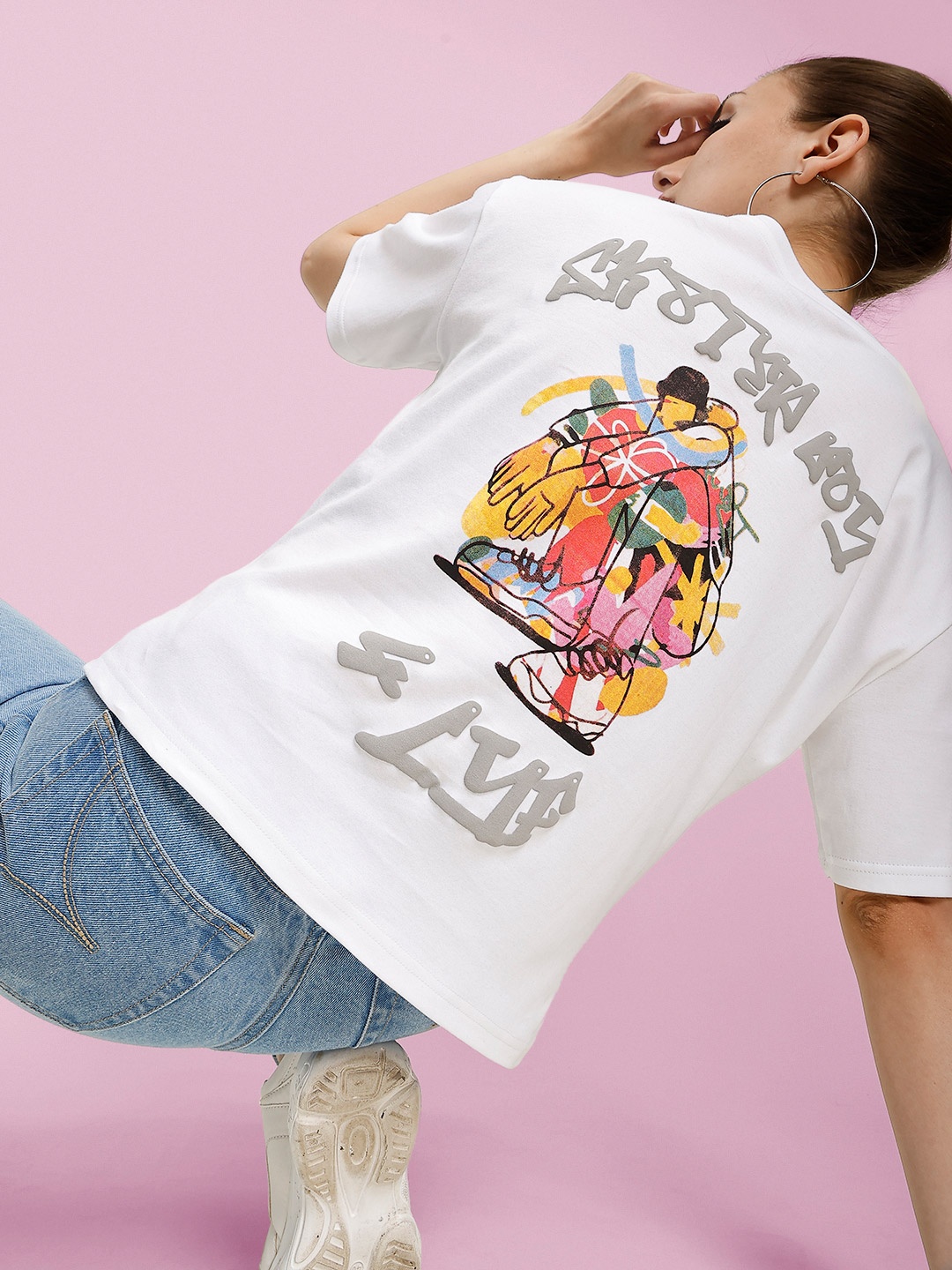 

Bene Kleed Women Graphic Printed Round Neck Cotton Boxy T-shirt, White