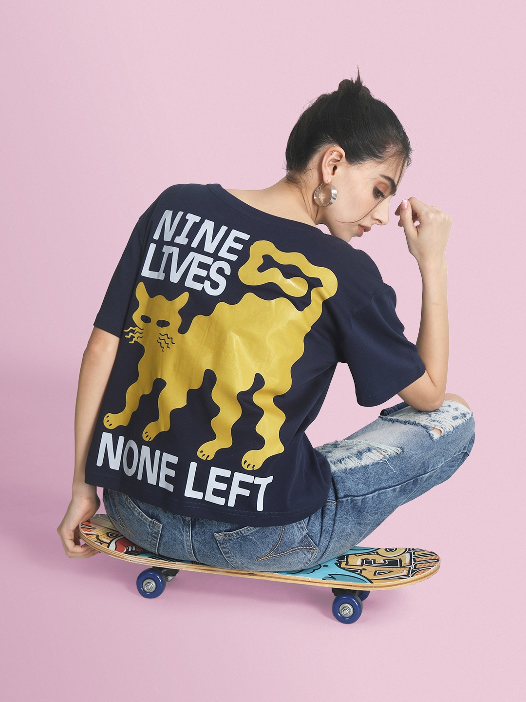 

Bene Kleed Women Graphic Printed Round Neck Cotton Boxy T-shirt, Navy blue