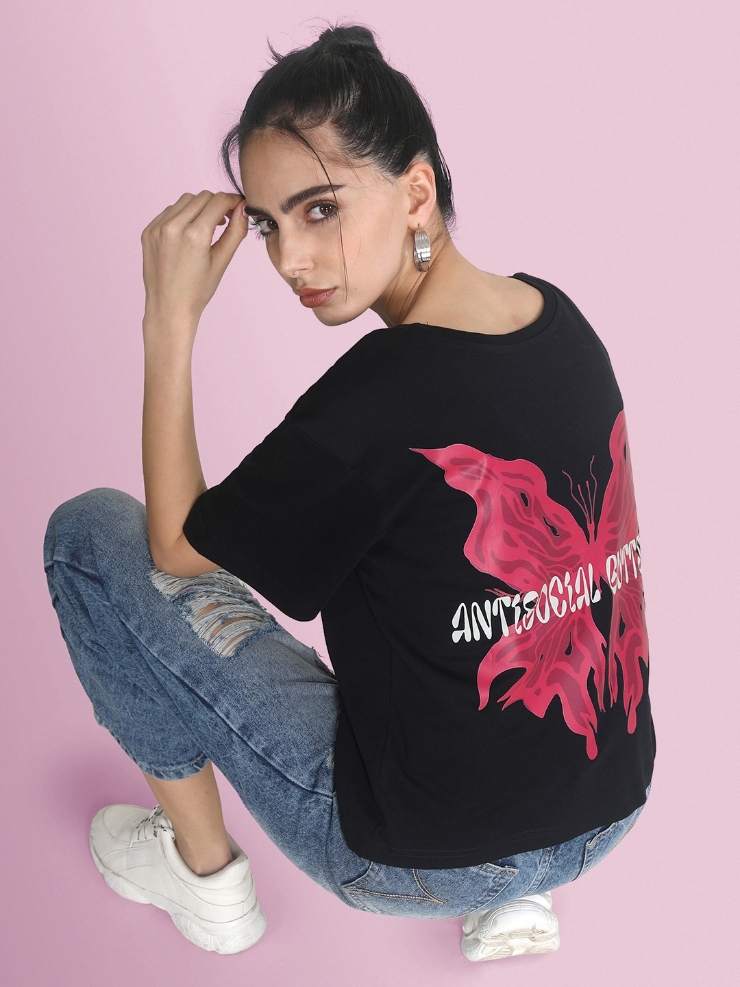 

Bene Kleed Women Graphic Printed Round Neck Cotton Boxy T-shirt, Black
