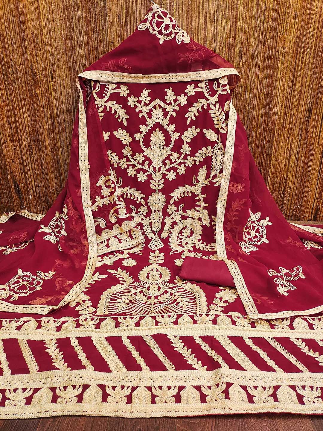 

Maroosh Floral Embroidered Unstitched Dress Material, Maroon