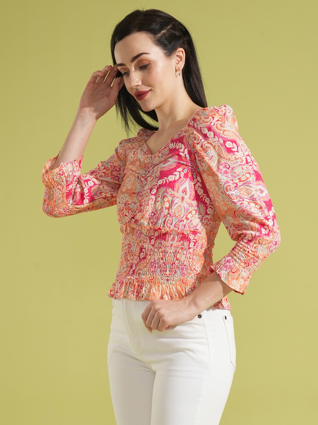 

Globus Women Floral Printed Sweetheart Neck Top, Pink
