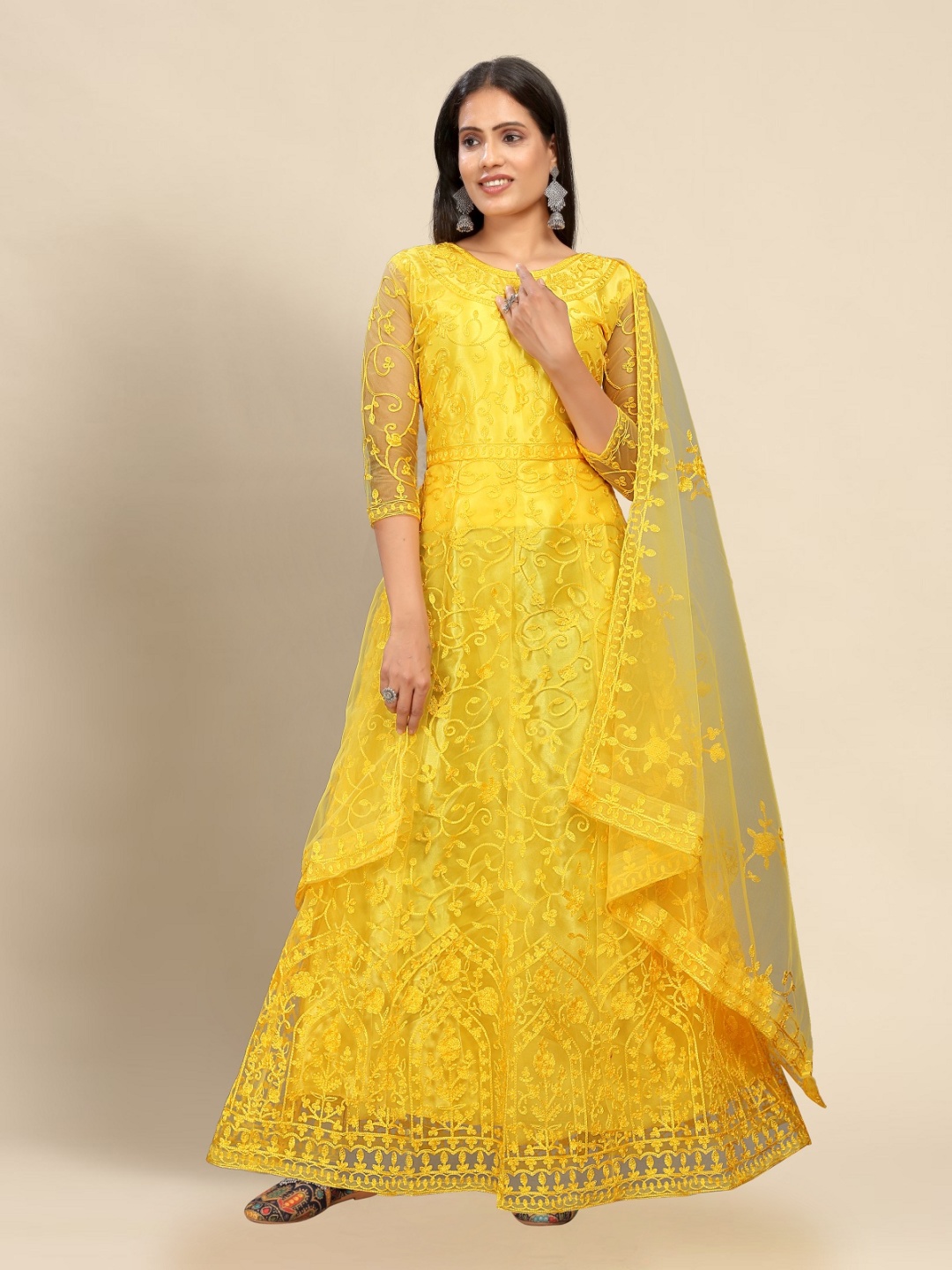 

LADY SHOPI Embroidered Net Fit & Flare Maxi Dress, Yellow