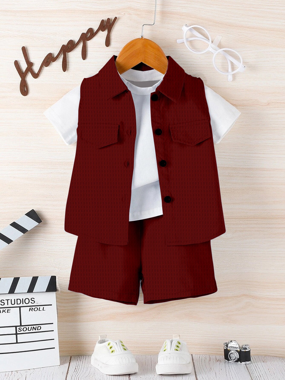 

OMPAX Boys Self Design Shirt With Short, Maroon
