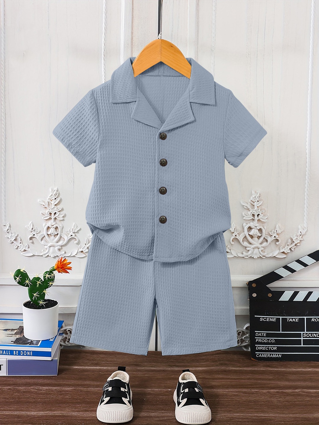 

OMPAX Boys Self Design Cuban Collar Shirt With Shorts, Blue