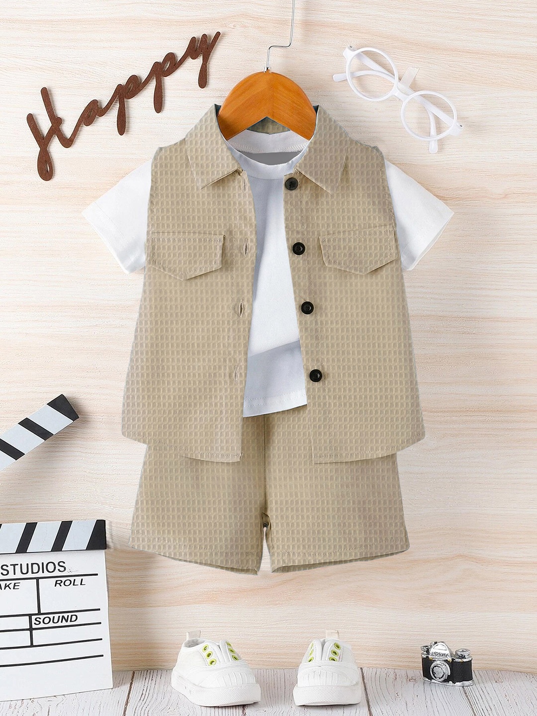 

OMPAX Boys Self Design T-shirt With Shorts & Jacket, Beige