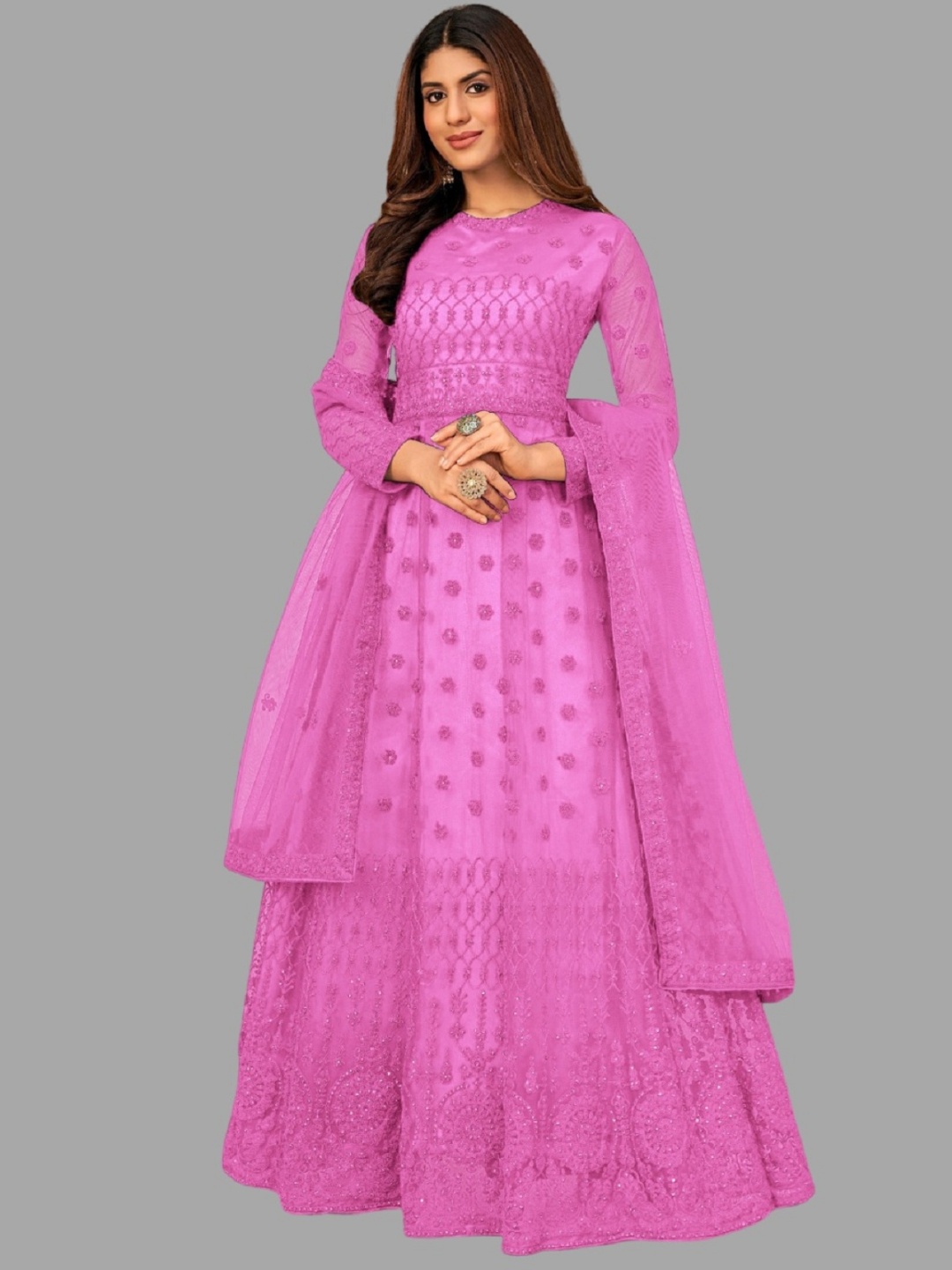 

JULEE Ethnic Motifs Embroidered Net Formal Fit & Flare Maxi Dress Jivika Gown Pink-Pink