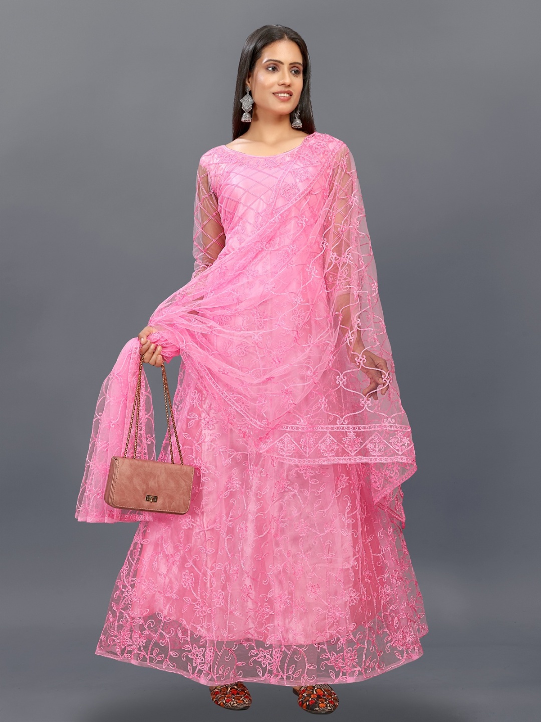 

JULEE Embroidered Flared Sleeve Net Fit & Flare Maxi Dress Falak Gown Pink-Pink