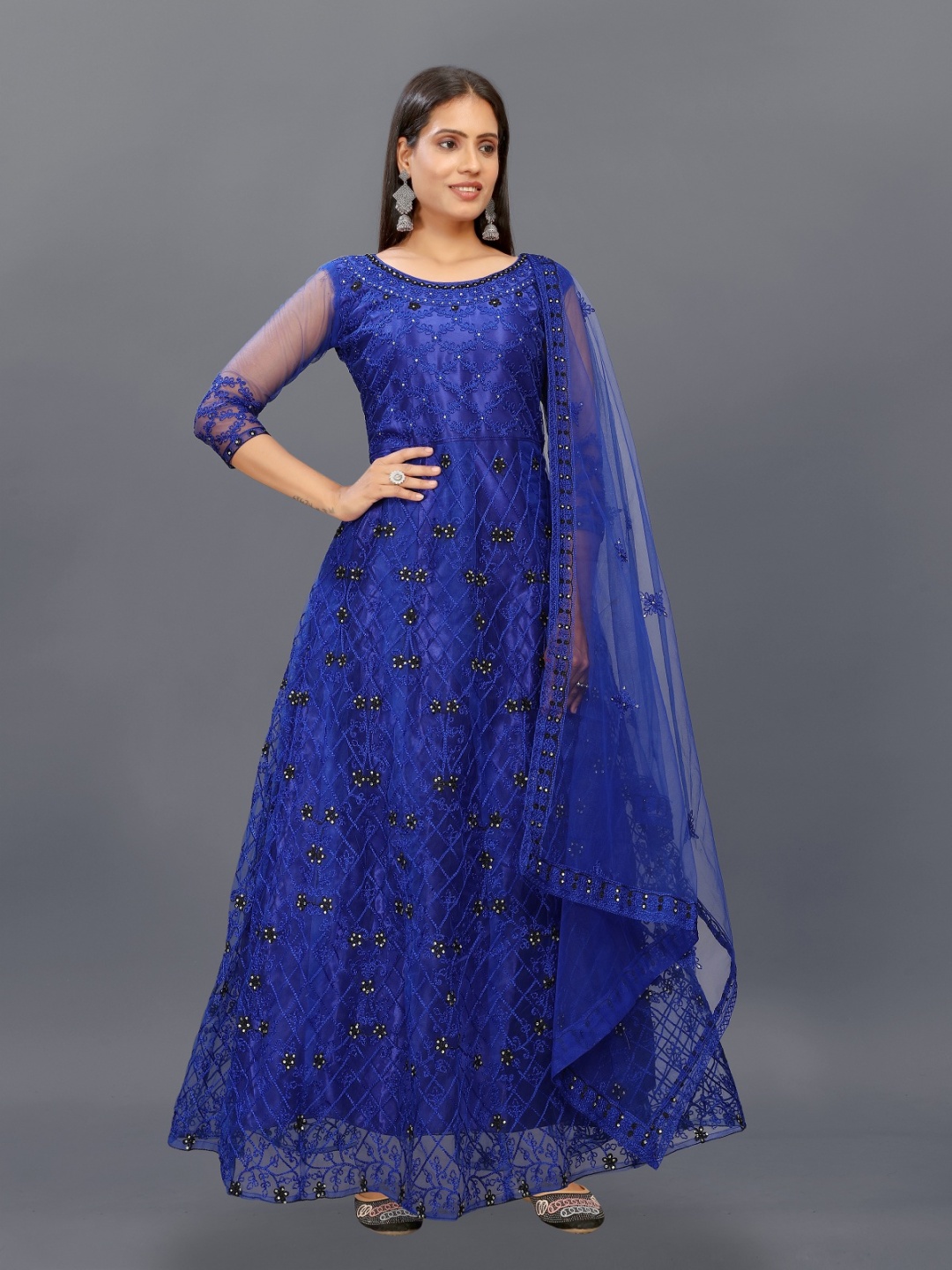 

JULEE Floral Embroidered Net Fit & Flare Maxi Dress Aliya Blue-Blue