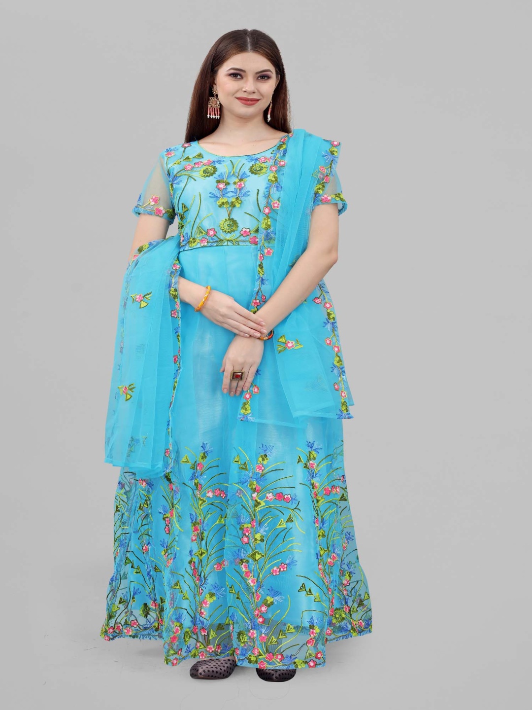 

JULEE Floral Embroidered Net Fit & Flare Maxi Dress Rangoli Firozi-Firozi, Turquoise blue