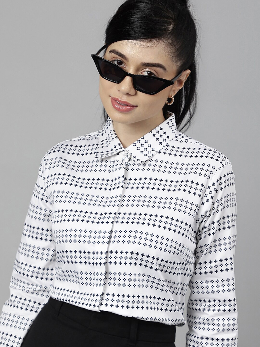 Hancock Women Long Sleeves Striped Printed Formal Shirt, White