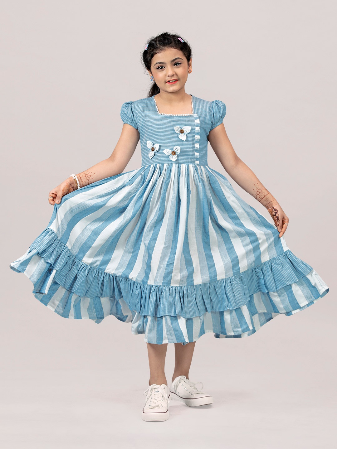 

BAESD Girls Striped Puff Sleeve Fit & Flare Midi Dress, Blue