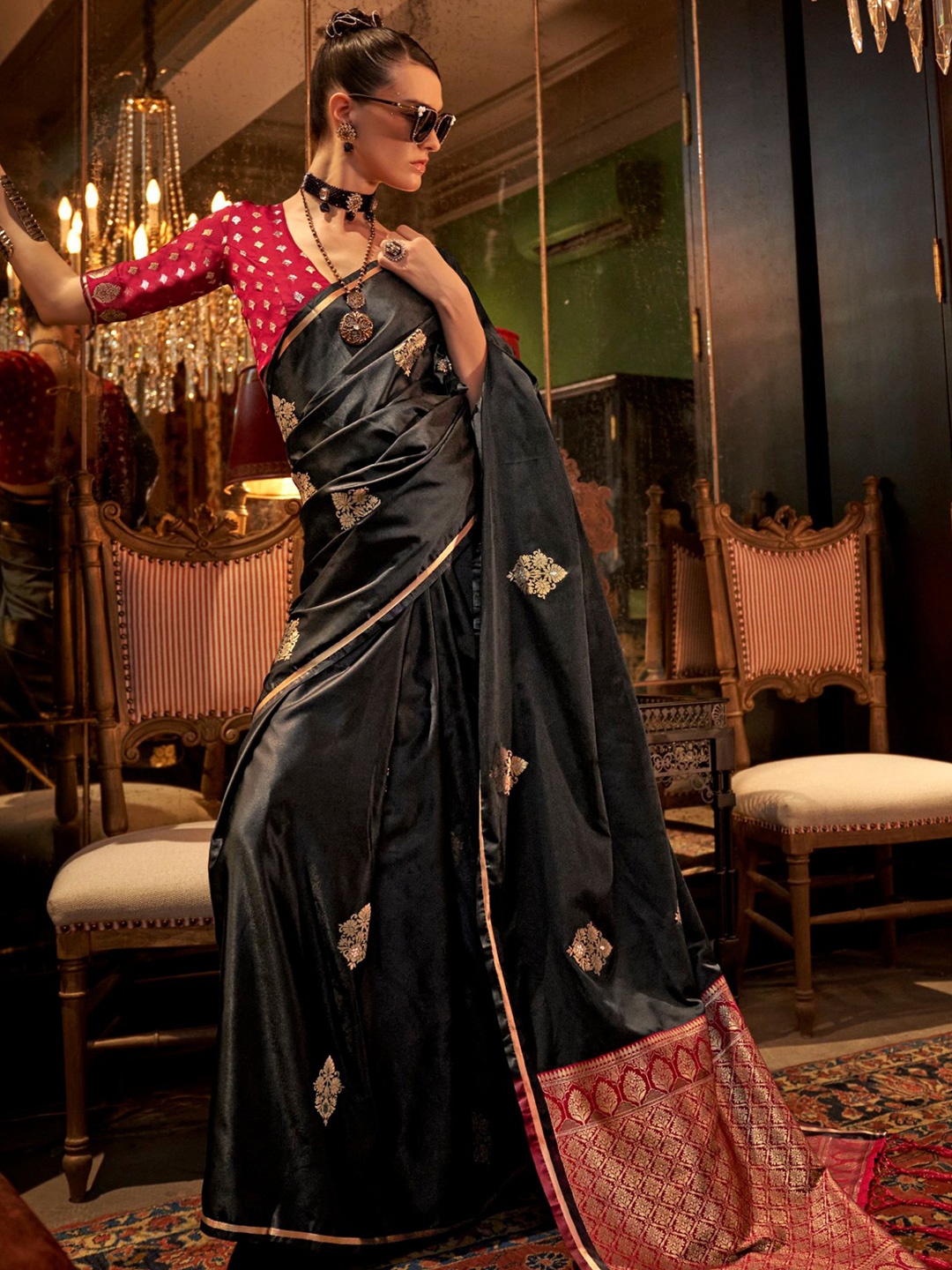 

MySilkLove Woven Design Zari Satin Banarasi Saree, Black