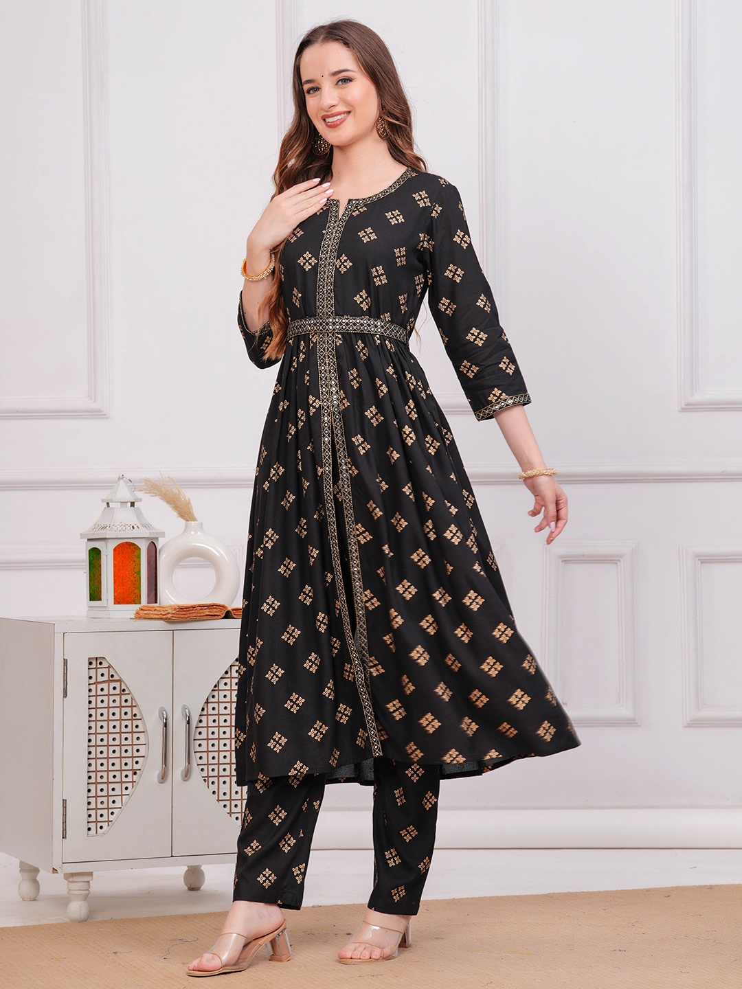 

BAESD Ethnic Motifs Printed Anarkali Mirror Work Kurta with Trousers, Black