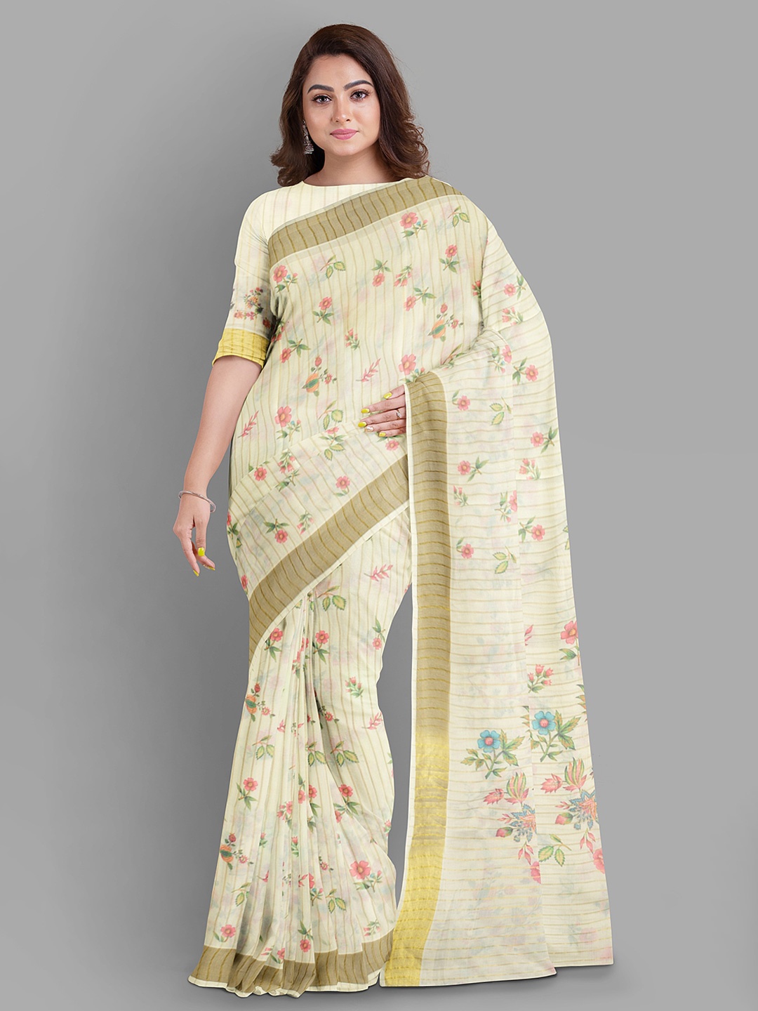 

The Chennai Silks Floral Zari Pure Cotton Kasavu Saree, Off white