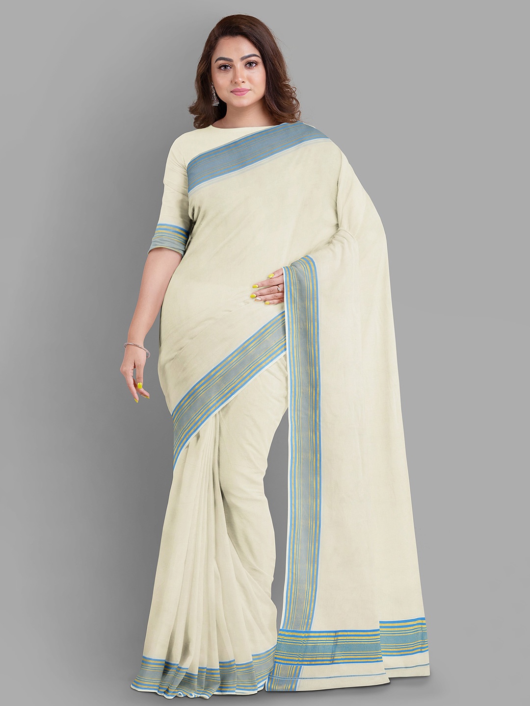 

The Chennai Silks Pure Cotton Kasavu Saree, Off white