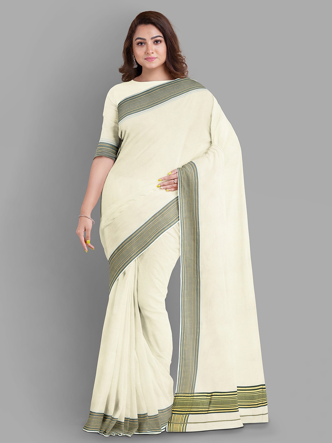 

The Chennai Silks Pure Cotton Kasavu Saree, Off white